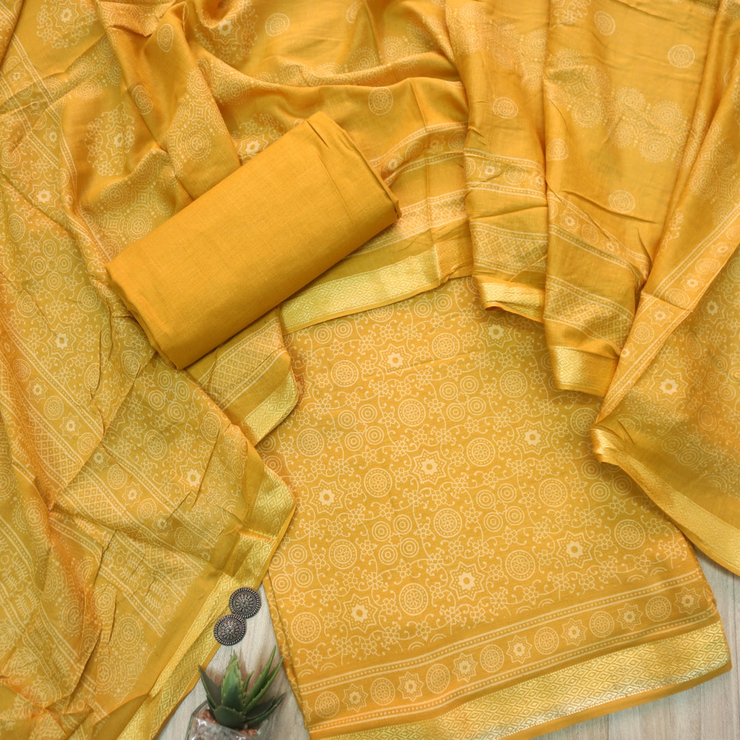 Ruhani Yellow Printed with Mangalgiri Hem Jam Cotton Top Suit Set-D2