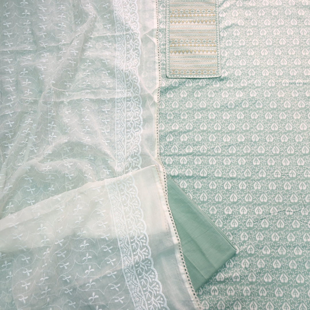 Sarkaare Mint Green Thread Work with Sequence Digital Printed Cotton Suit Set
