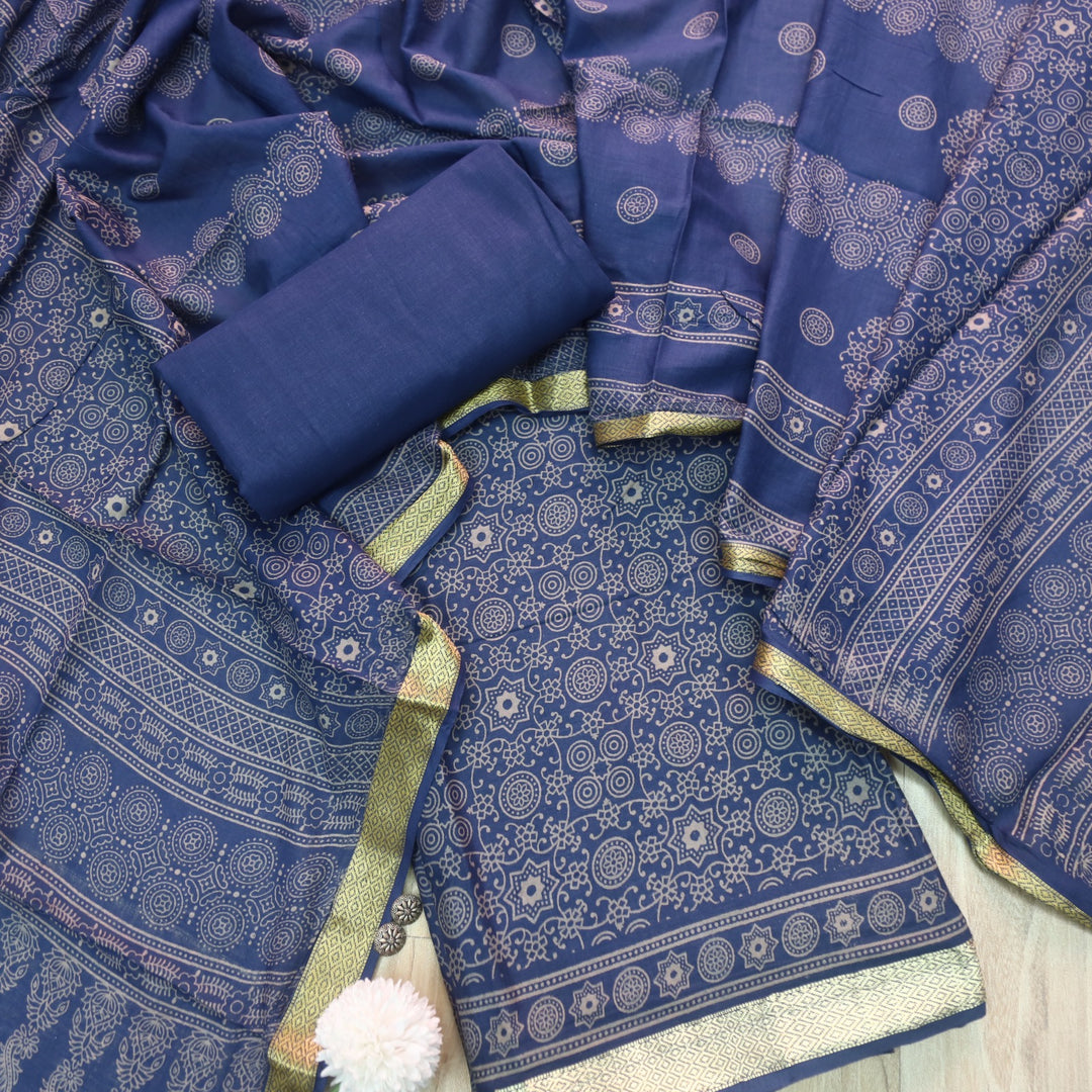Ruhani Blue Printed with Mangalgiri Hem Jam Cotton Top Suit Set D2
