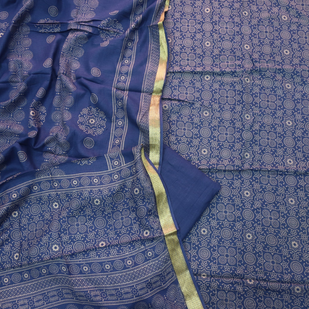 Ruhani Blue Printed with Mangalgiri Hem Jam Cotton Top Suit Set D2