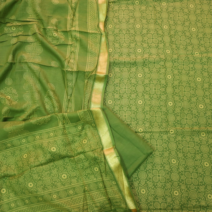 Ruhani Green Printed with Mangalgiri Hem Jam Cotton Top Suit Set D2