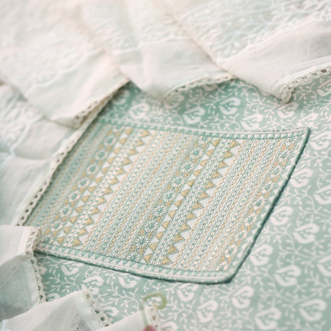 Sarkaare Mint Green Thread Work with Sequence Digital Printed Cotton Suit Set