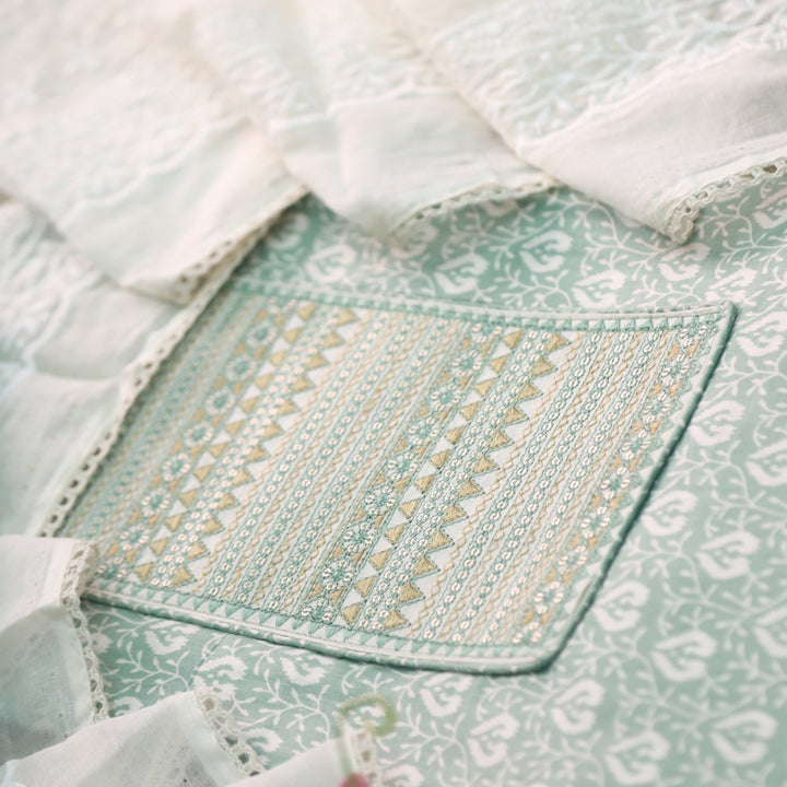 Sarkaare Mint Green Thread Work with Sequence Digital Printed Cotton Suit Set