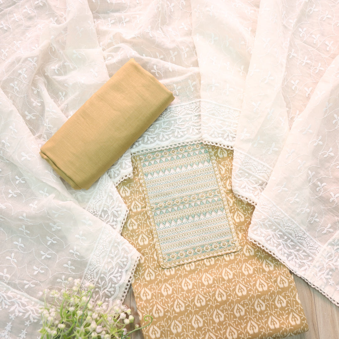 Sarkaare Yellow Thread Work with Sequence Digital Printed Cotton Suit Set