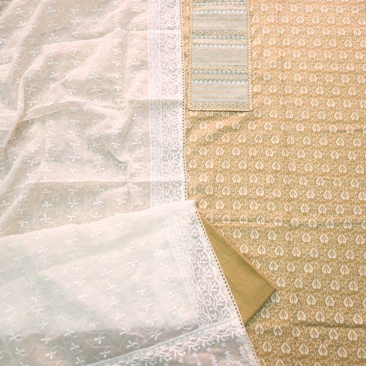 Sarkaare Yellow Thread Work with Sequence Digital Printed Cotton Suit Set