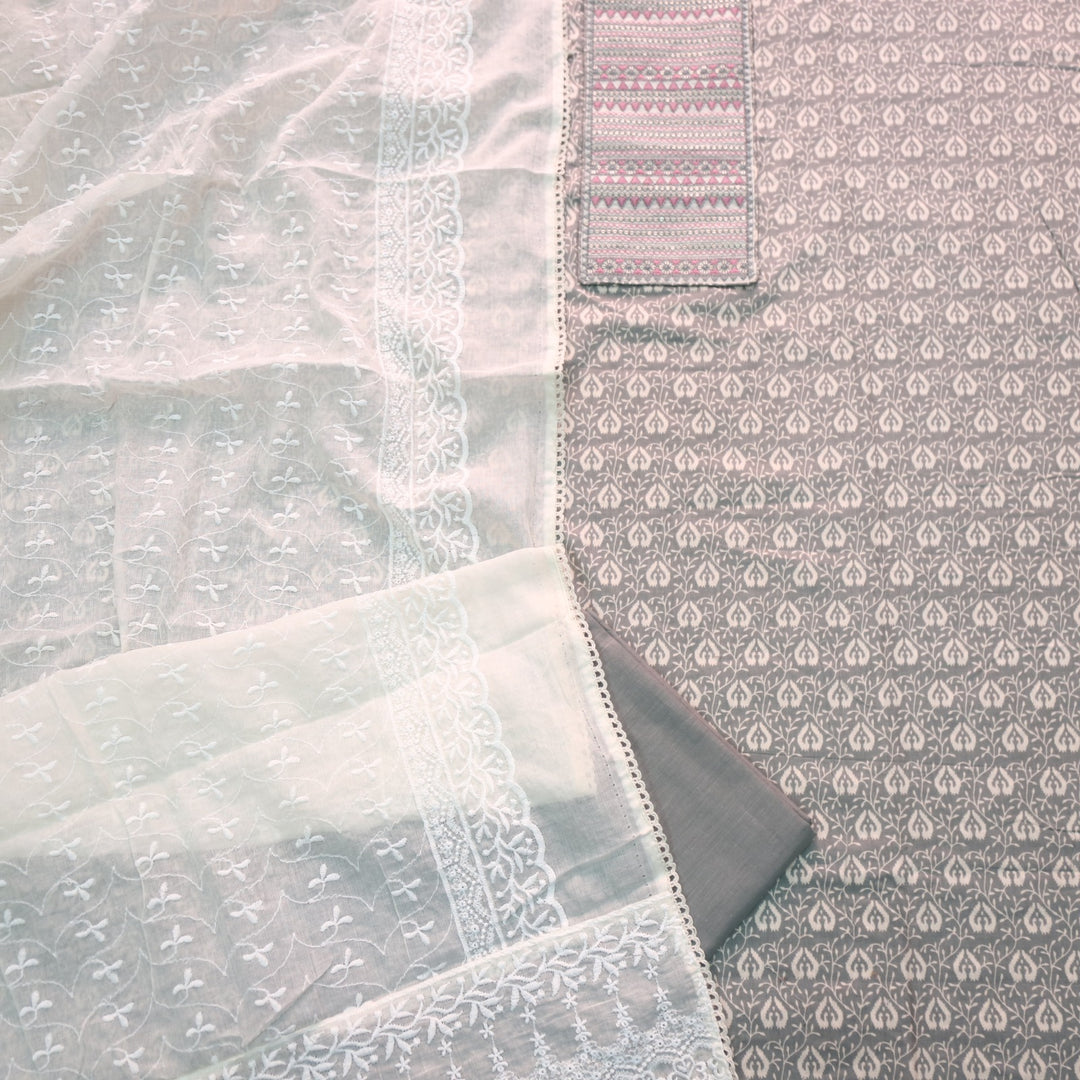 Sarkaare Grey Thread Work with Sequence Digital Printed Cotton Suit Set