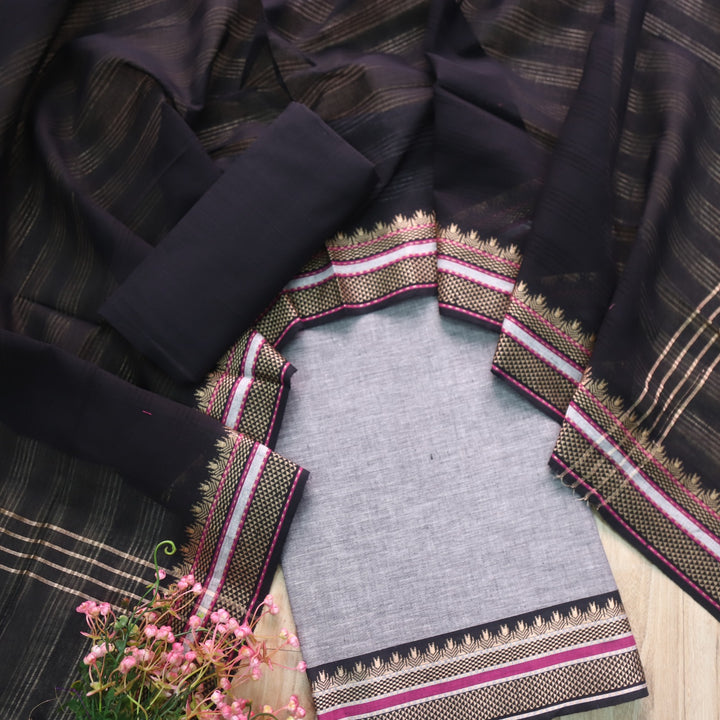 Sanskruti Light Grey with Black Dupatta South Cotton Temple Hem Suit Set