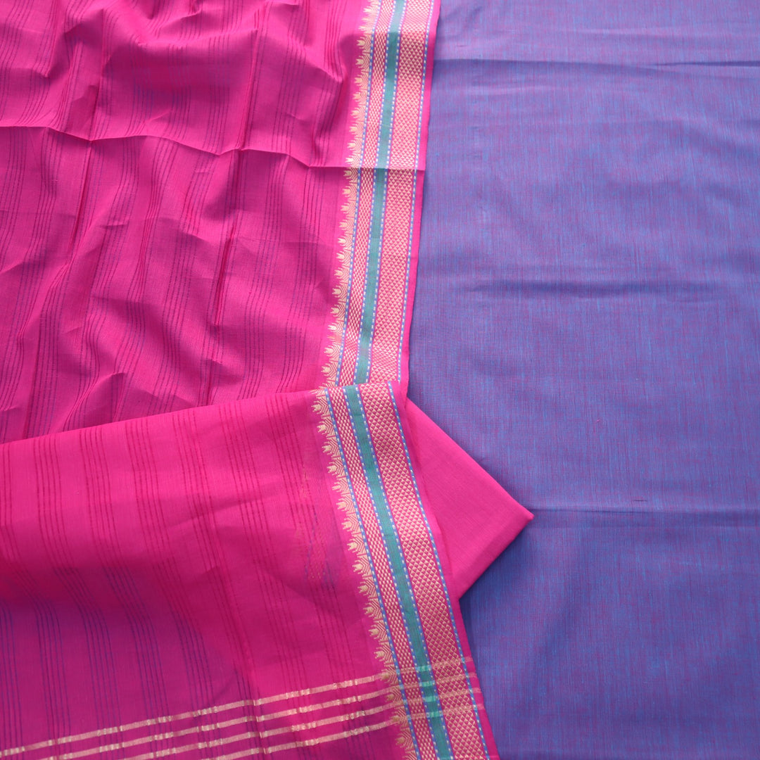 Sanskruti Magical Blue with Pink Dupatta South Cotton Temple Hem Suit Set
