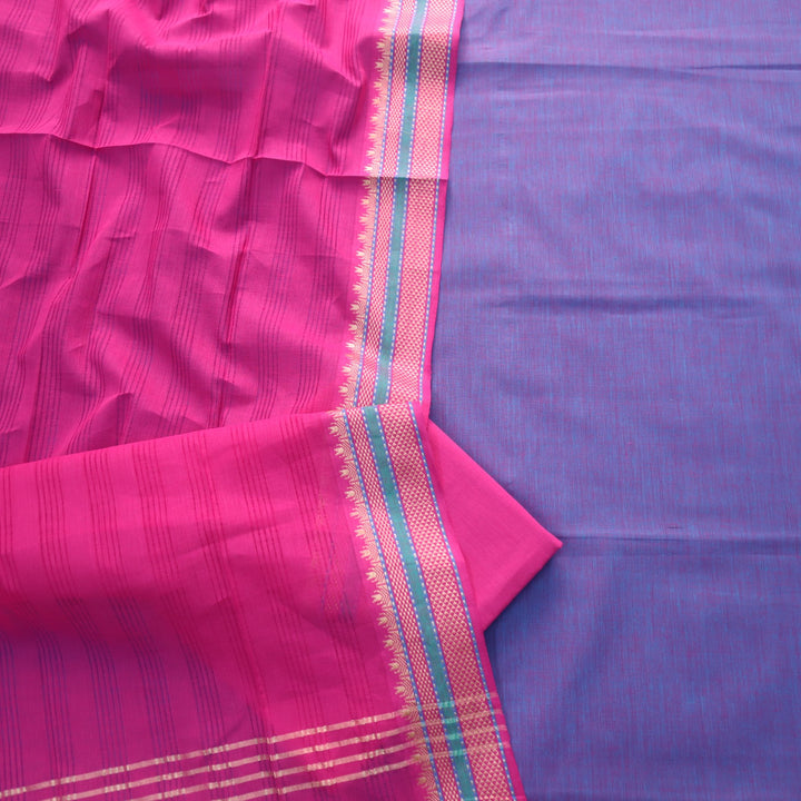 Sanskruti Magical Blue with Pink Dupatta South Cotton Temple Hem Suit Set