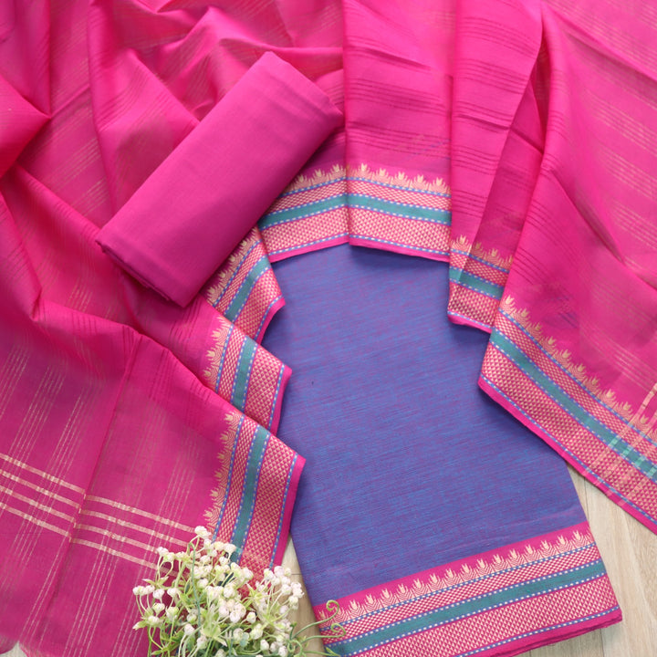 Sanskruti Magical Blue with Pink Dupatta South Cotton Temple Hem Suit Set