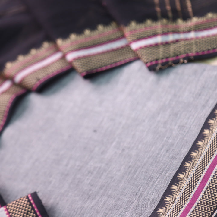 Sanskruti Light Grey with Black Dupatta South Cotton Temple Hem Suit Set