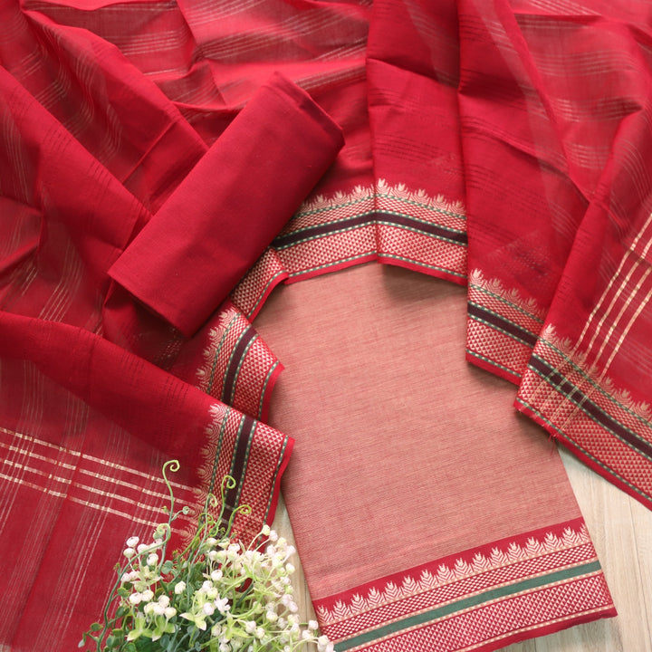 Sanskruti Pinkish Beige with Red Dupatta South Cotton Temple Hem Suit Set