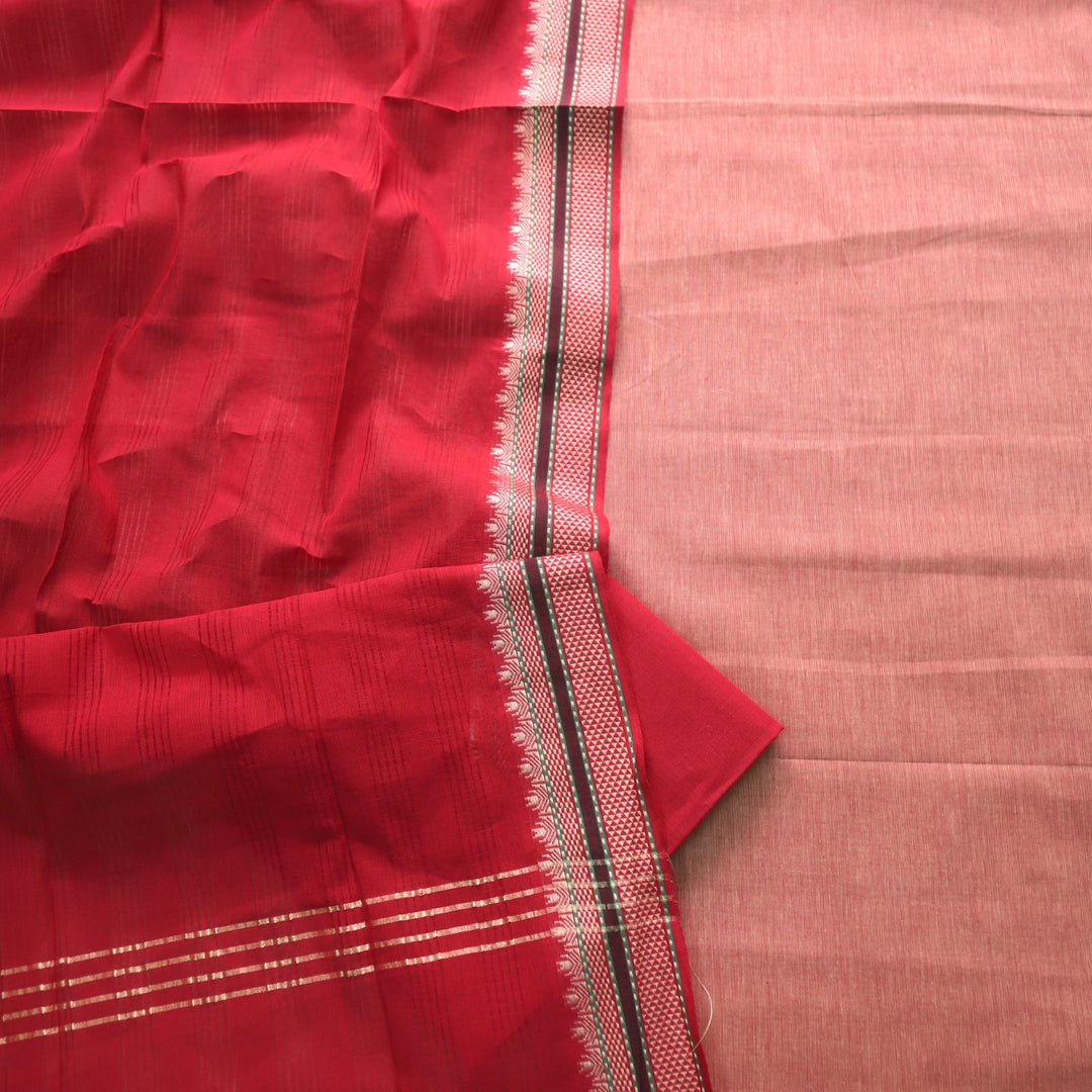 Sanskruti Pinkish Beige with Red Dupatta South Cotton Temple Hem Suit Set