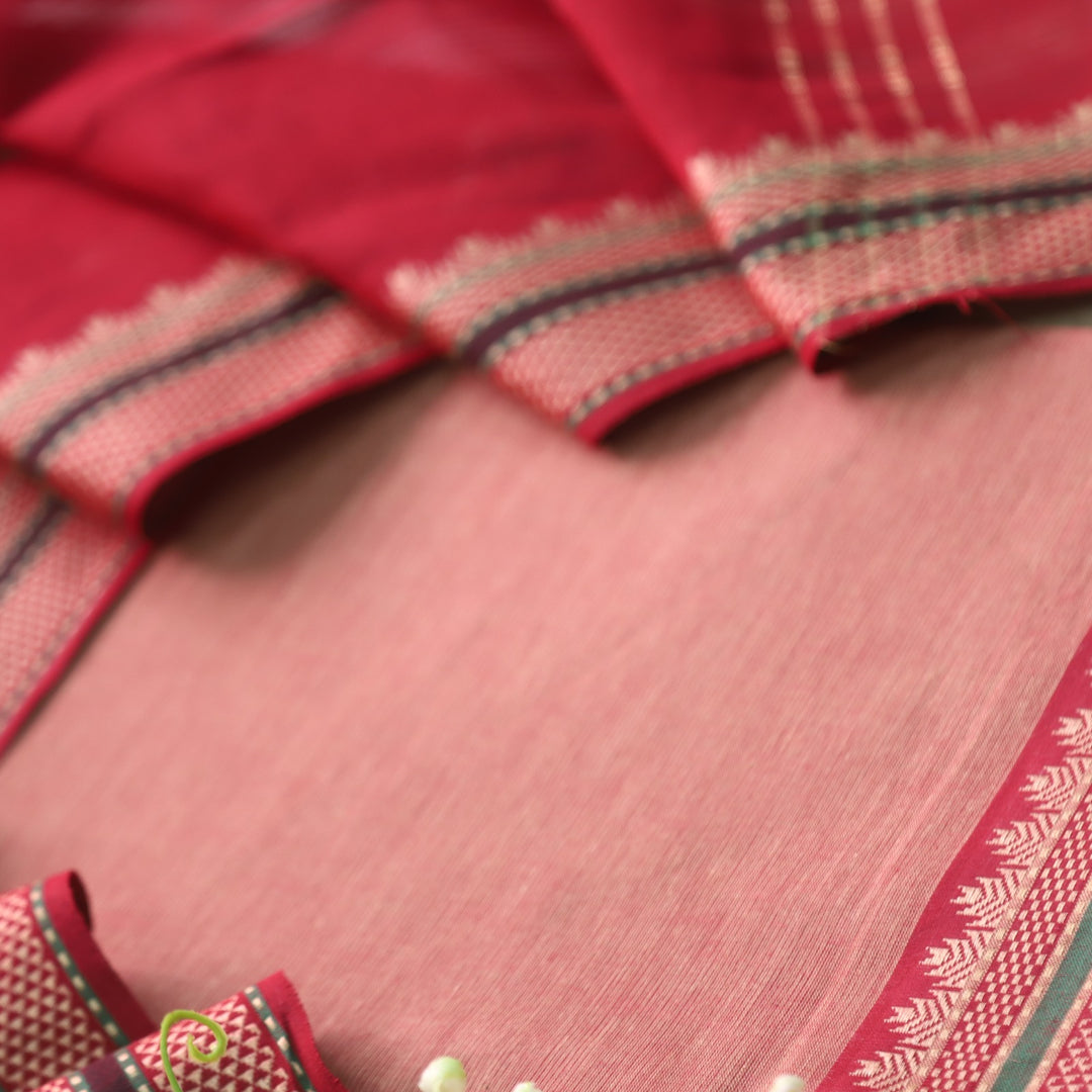Sanskruti Pinkish Beige with Red Dupatta South Cotton Temple Hem Suit Set