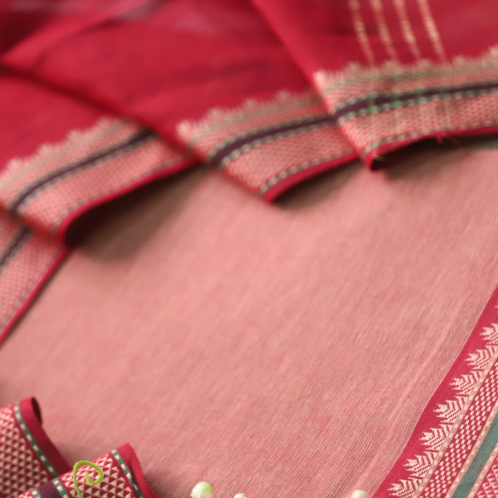 Sanskruti Pinkish Beige with Red Dupatta South Cotton Temple Hem Suit Set