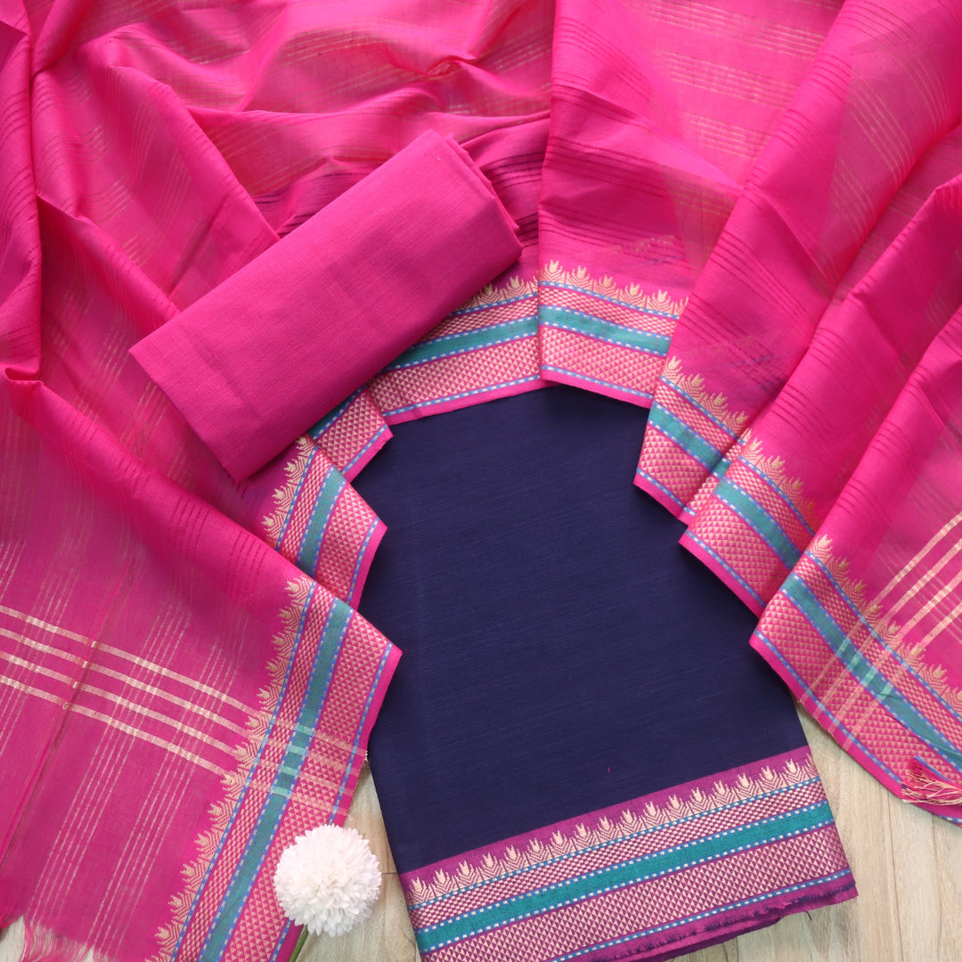 Sanskruti Denim Blue with Pink Dupatta South Cotton Temple Hem Suit Set
