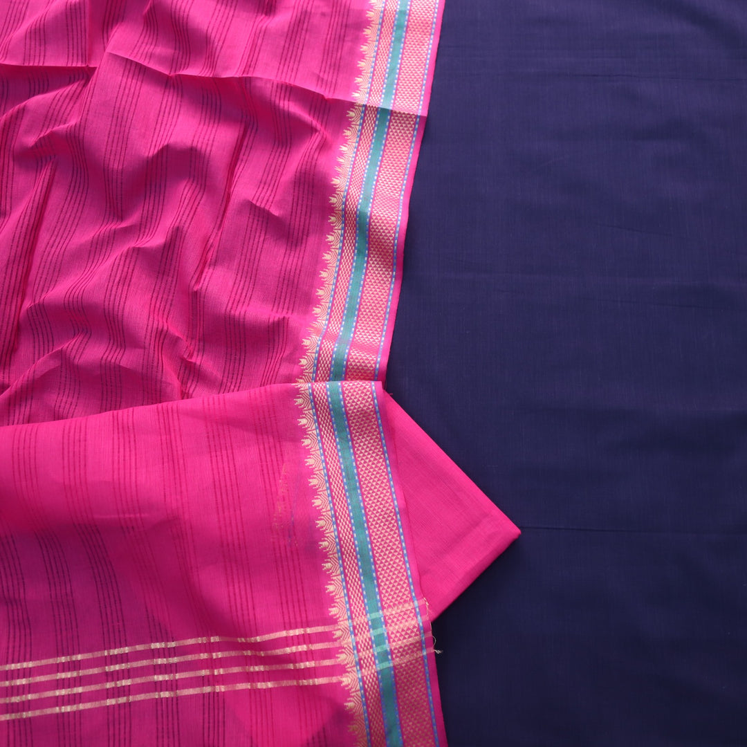 Sanskruti Denim Blue with Pink Dupatta South Cotton Temple Hem Suit Set