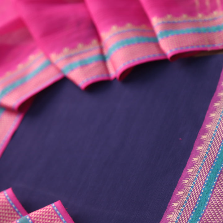 Sanskruti Denim Blue with Pink Dupatta South Cotton Temple Hem Suit Set