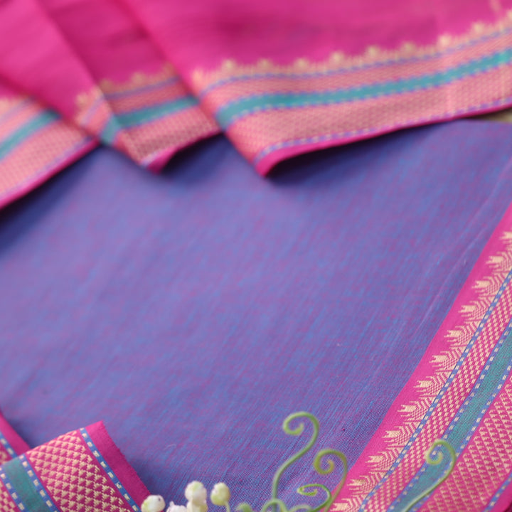 Sanskruti Magical Blue with Pink Dupatta South Cotton Temple Hem Suit Set