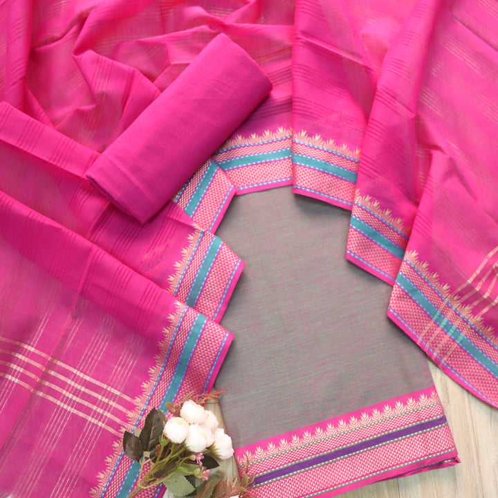 Sanskruti Fossil Grey with Pink Dupatta South Cotton Temple Hem Suit Set