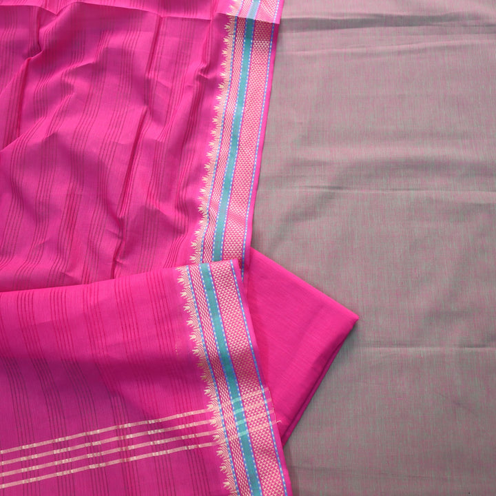 Sanskruti Fossil Grey with Pink Dupatta South Cotton Temple Hem Suit Set