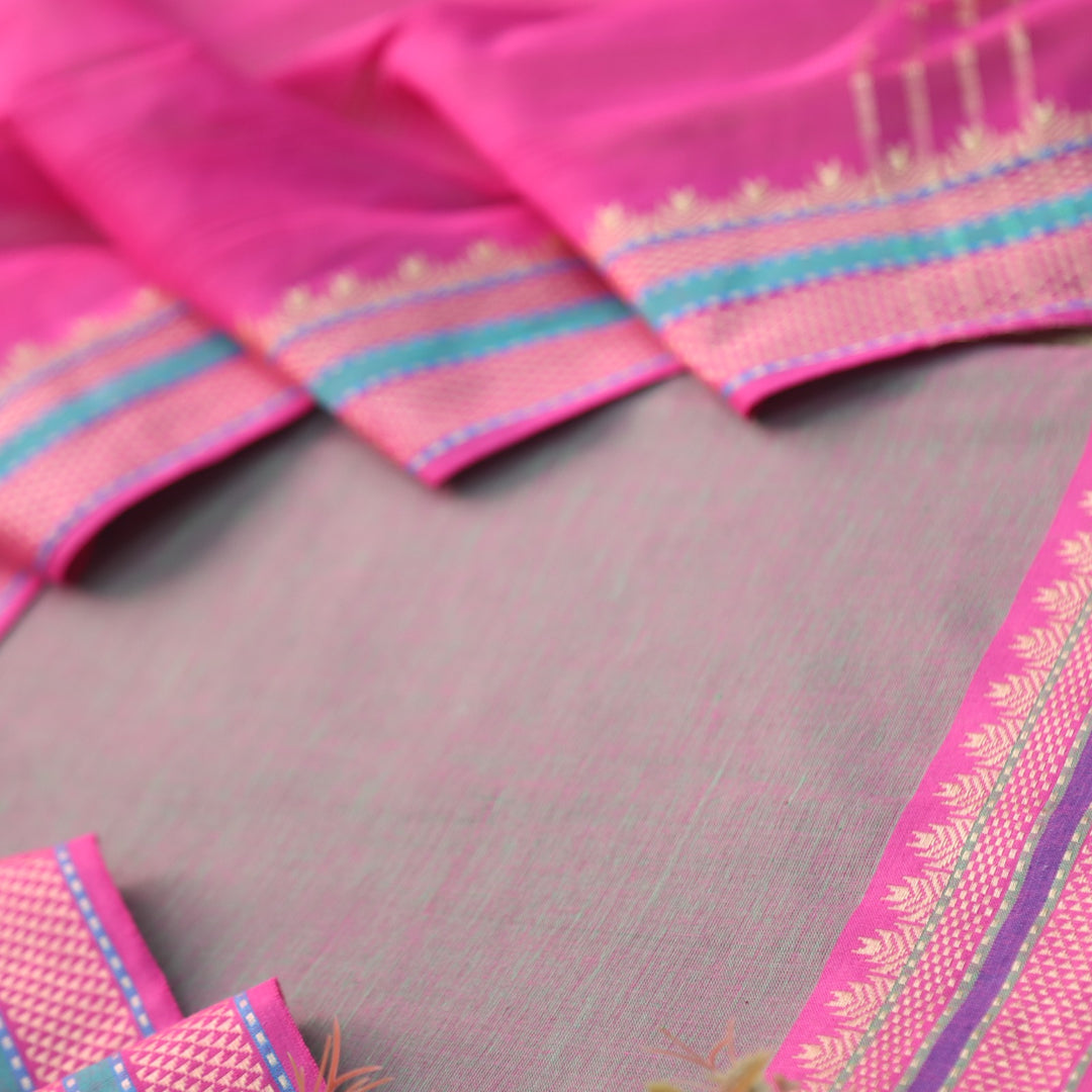 Sanskruti Fossil Grey with Pink Dupatta South Cotton Temple Hem Suit Set