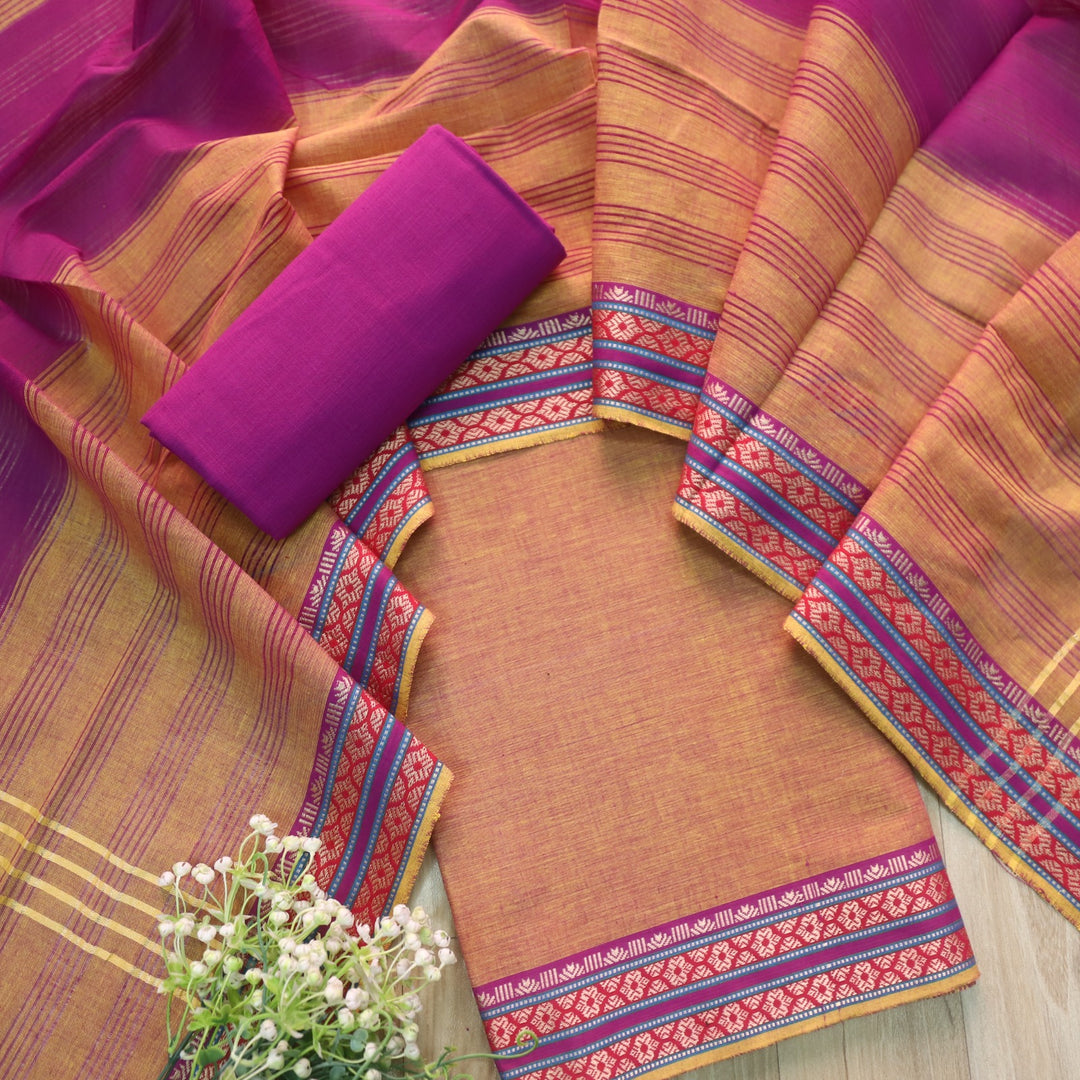 Sanskruti Skin Beige with Purple Dupatta South Cotton Mangalgiri Hem Suit Set