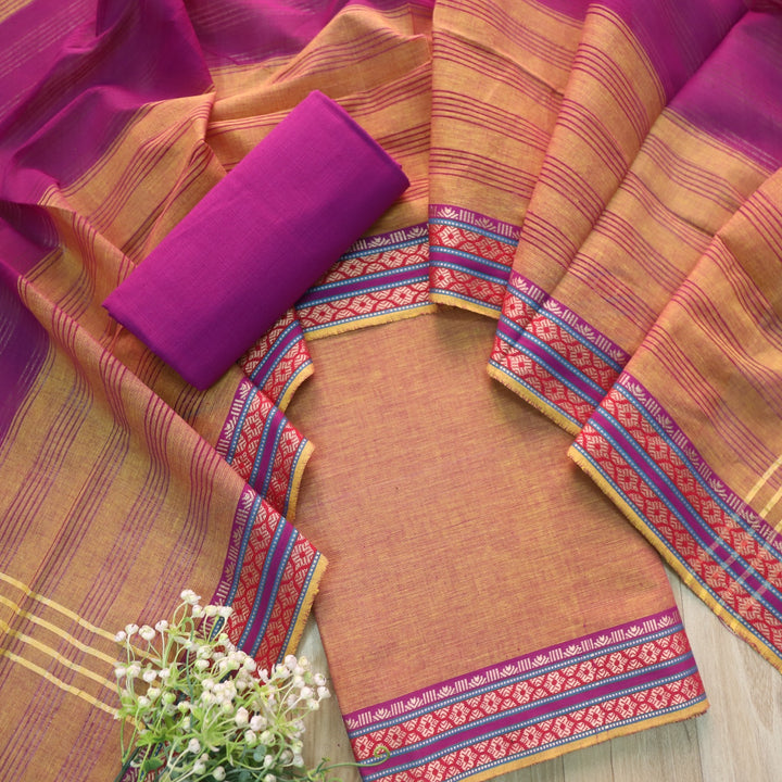 Sanskruti Skin Beige with Purple Dupatta South Cotton Mangalgiri Hem Suit Set