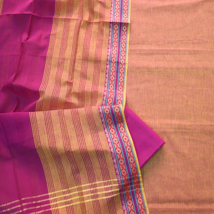 Sanskruti Skin Beige with Purple Dupatta South Cotton Mangalgiri Hem Suit Set