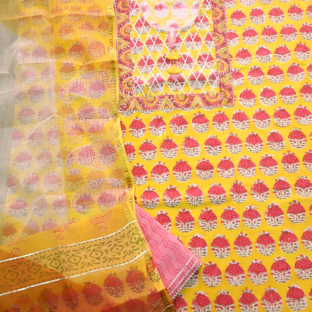Aafreen Canary Yellow Gota Patti Work Floral Printed Cotton Suit Set D2