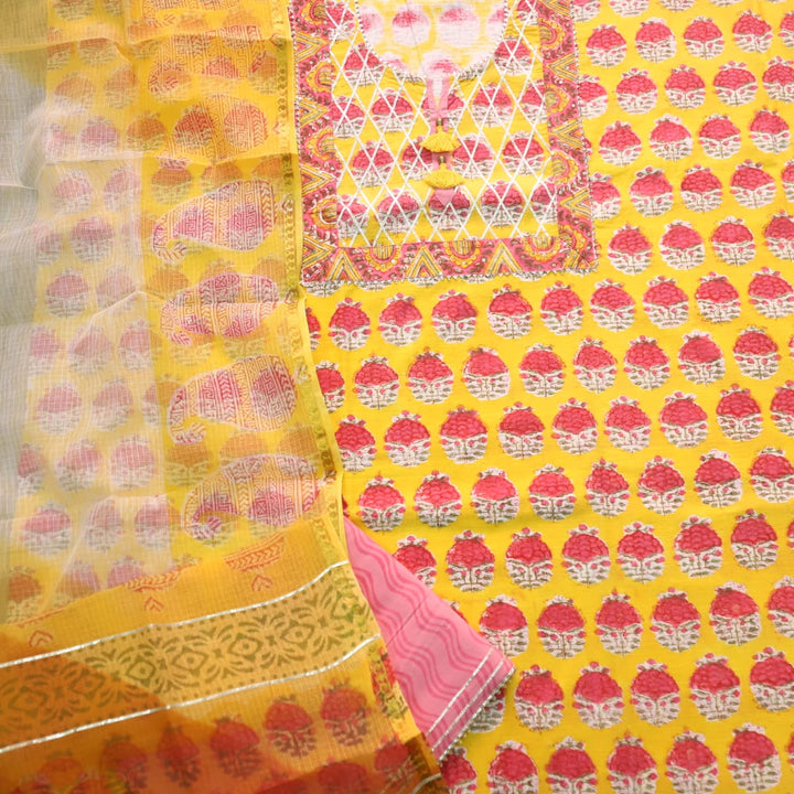 Aafreen Canary Yellow Gota Patti Work Floral Printed Cotton Suit Set D2