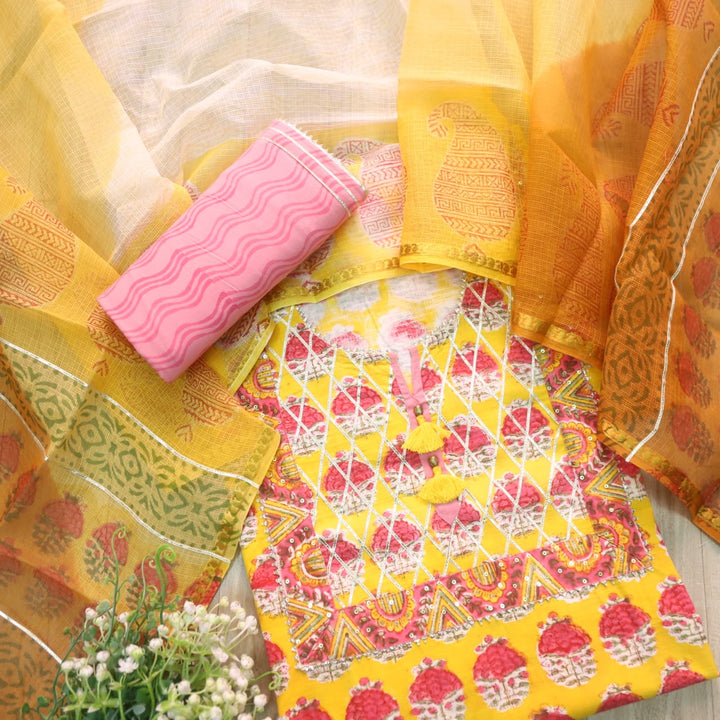 Aafreen Canary Yellow Gota Patti Work Floral Printed Cotton Suit Set D2