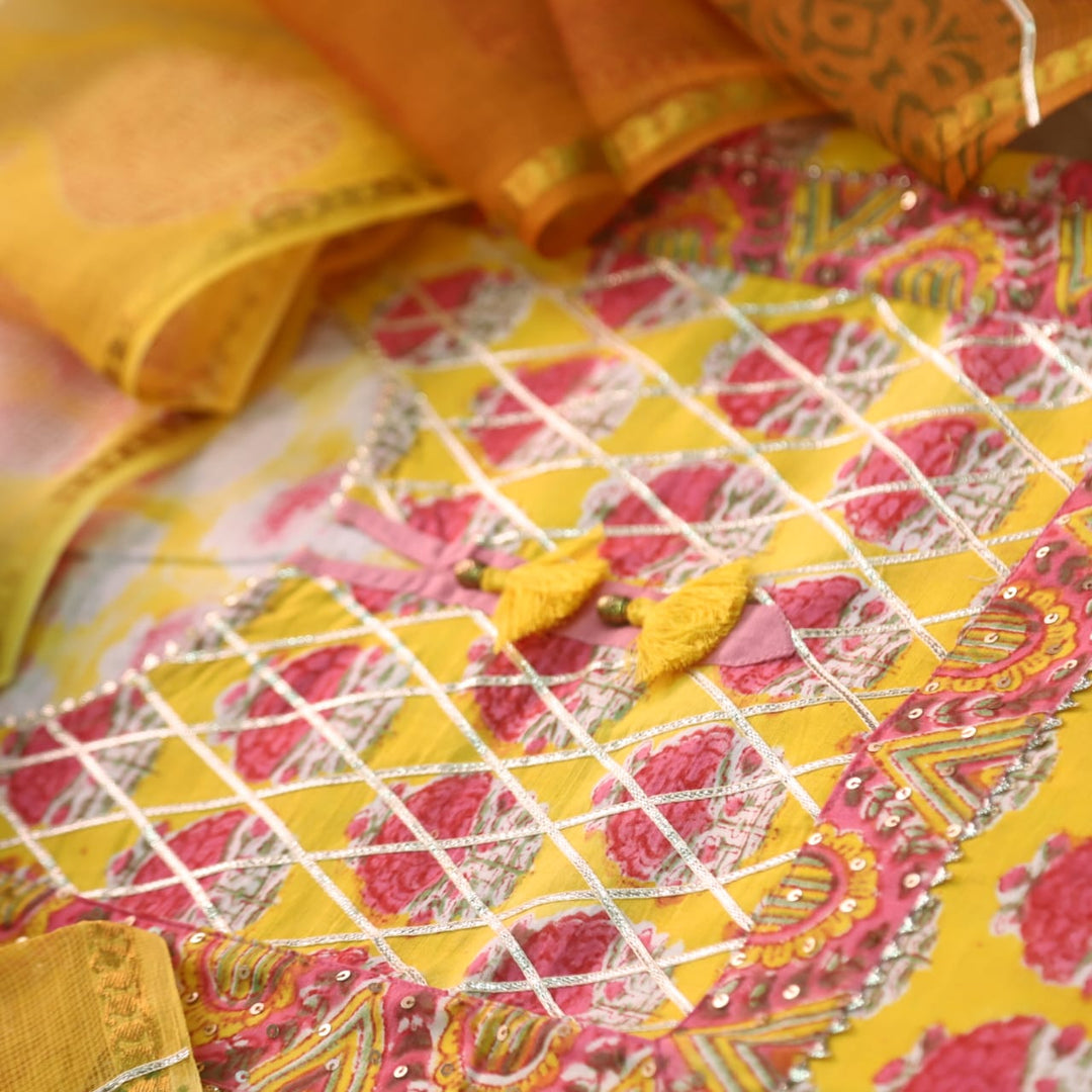 Aafreen Canary Yellow Gota Patti Work Floral Printed Cotton Suit Set D2