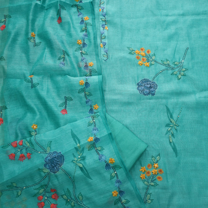 Zeenat Teal Blue Floral Printed With Thread Work Chanderi Suit Set