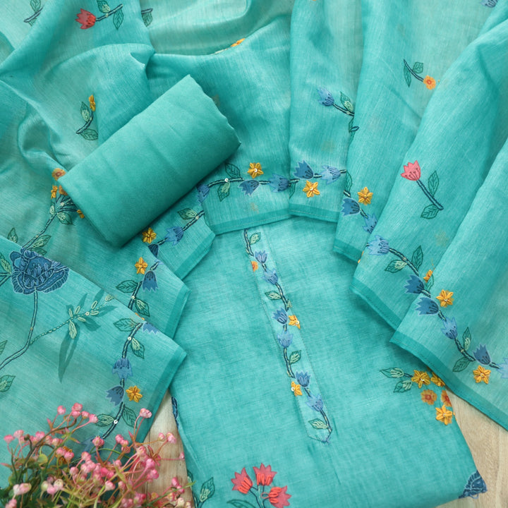 Zeenat Teal Blue Floral Printed With Thread Work Chanderi Suit Set