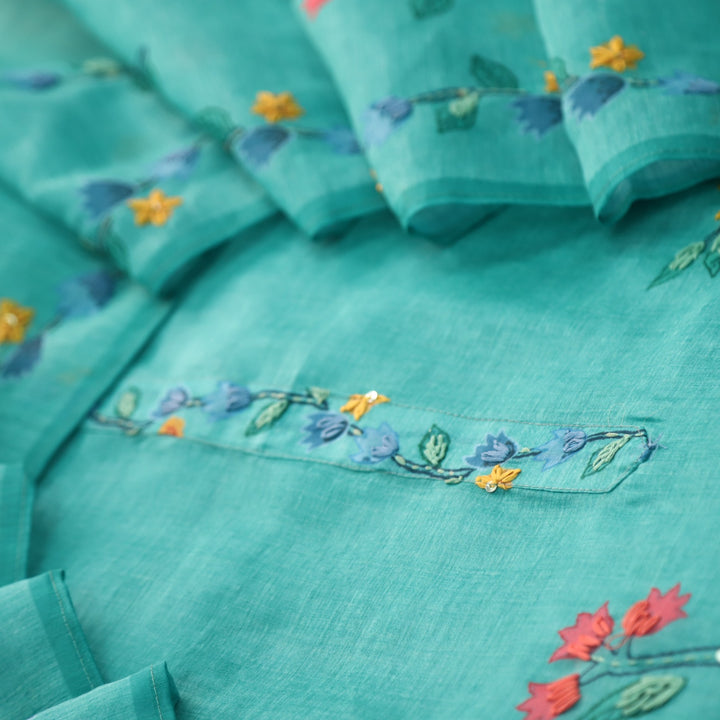 Zeenat Teal Blue Floral Printed With Thread Work Chanderi Suit Set