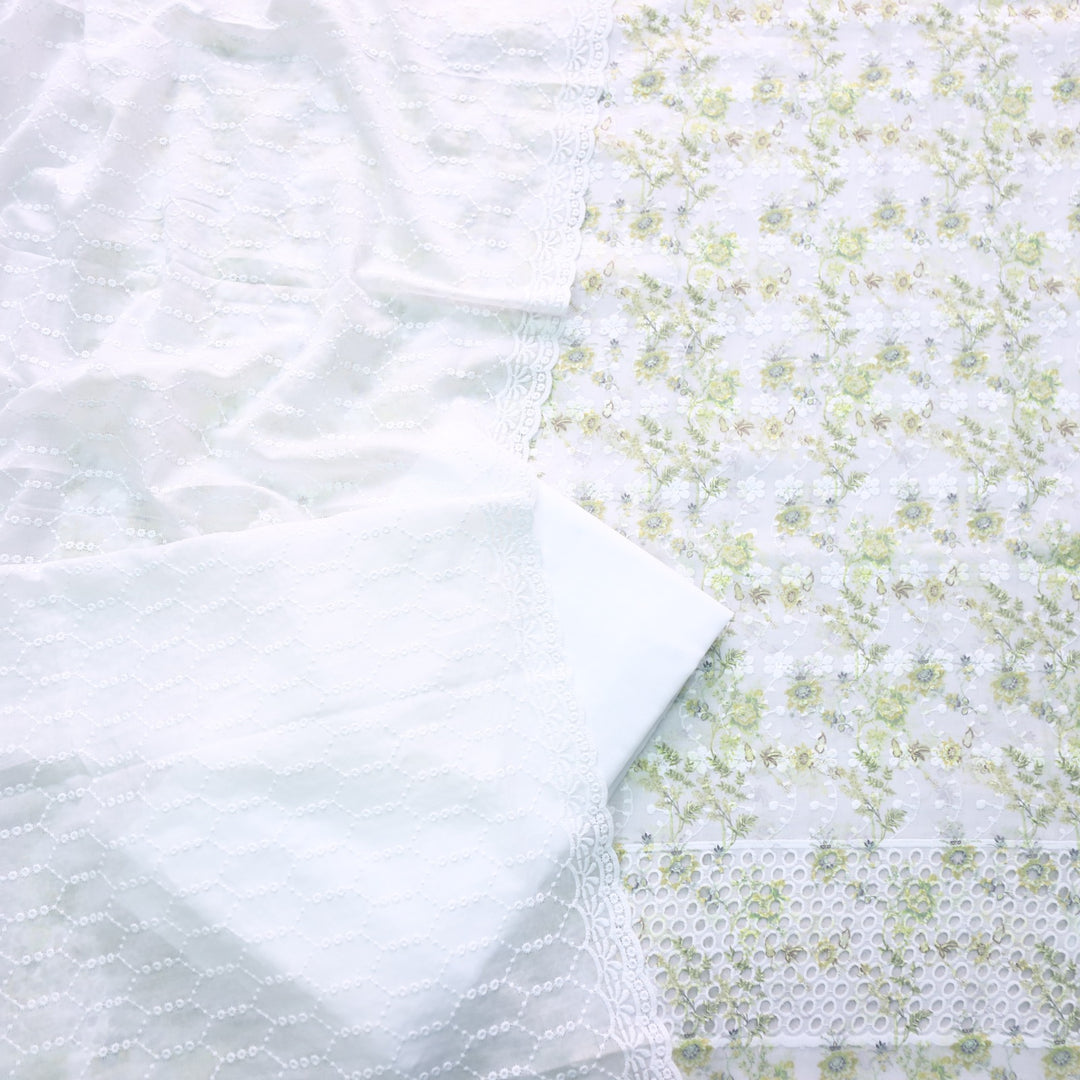 Hamsafar White with Green Floral Printed Schiffli Work Cotton Suit Set