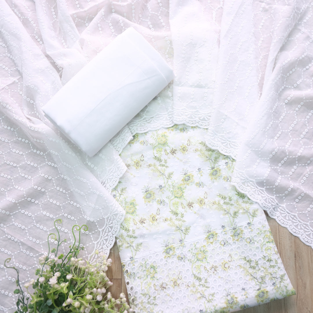 Hamsafar White with Green Floral Printed Schiffli Work Cotton Suit Set