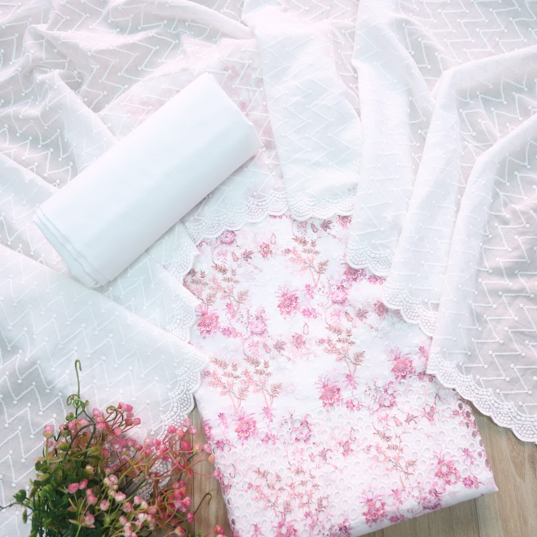 Hamsafar White with Pink Floral Printed Schiffli Work Cotton Suit Set