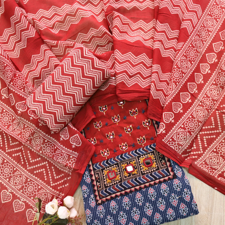 Sukhmani Blue French Work with Ajrak Printed Cotton Suit Set