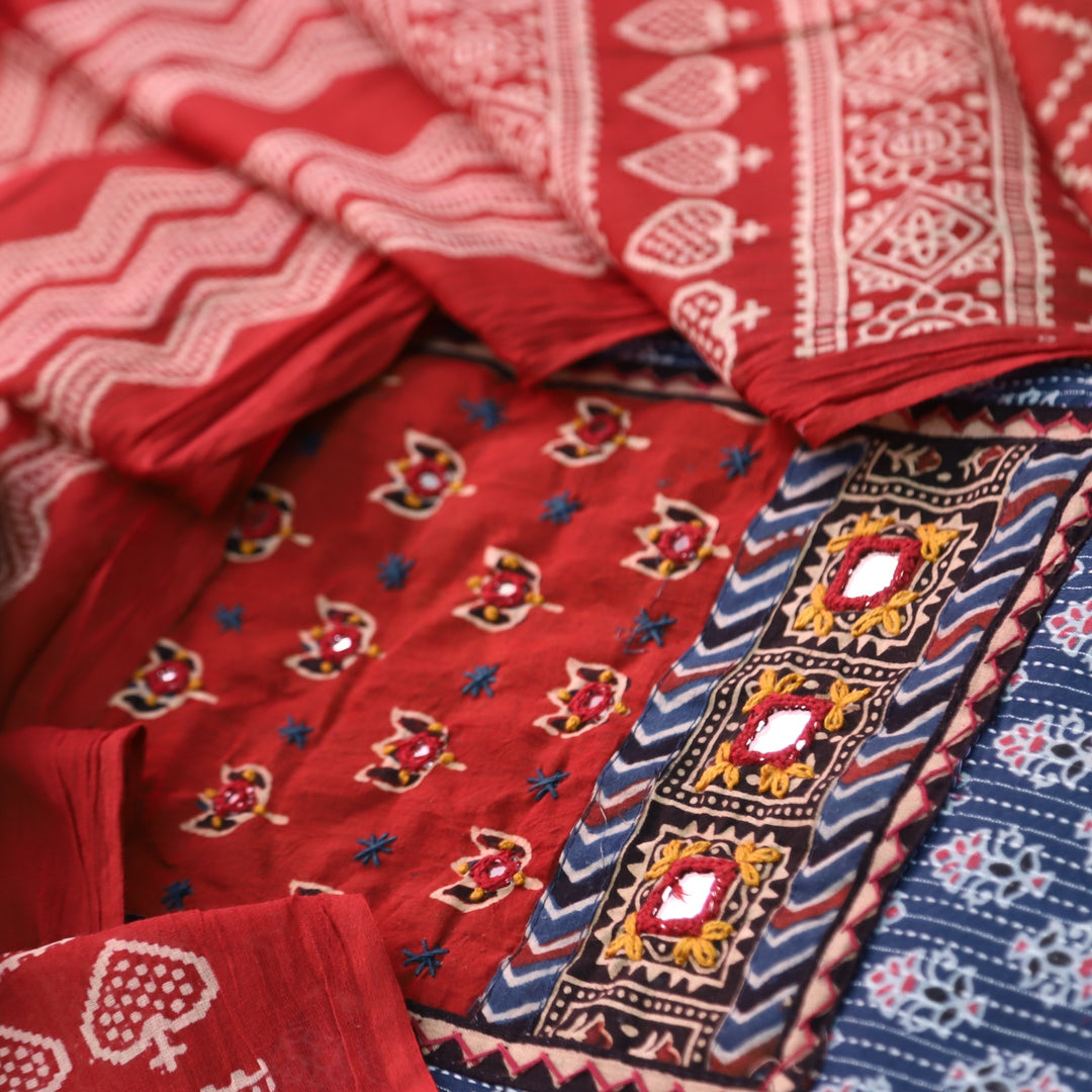 Sukhmani Blue French Work with Ajrak Printed Cotton Suit Set