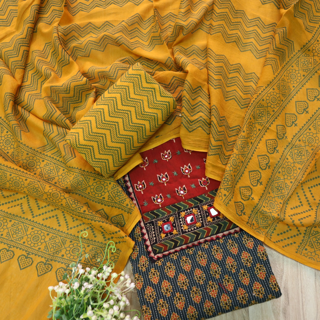 Sukhmani Green French Work with Ajrak Printed Cotton Suit Set