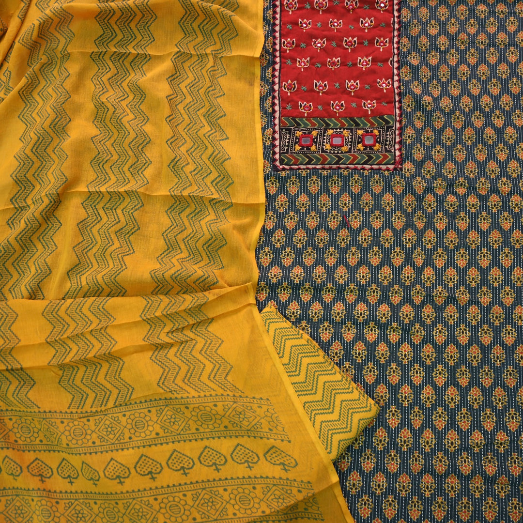 Sukhmani Green French Work with Ajrak Printed Cotton Suit Set