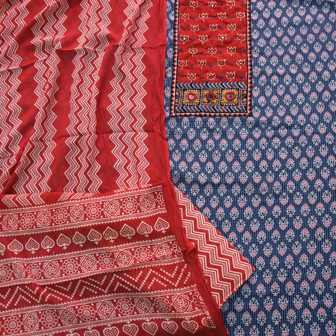 Sukhmani Blue French Work with Ajrak Printed Cotton Suit Set