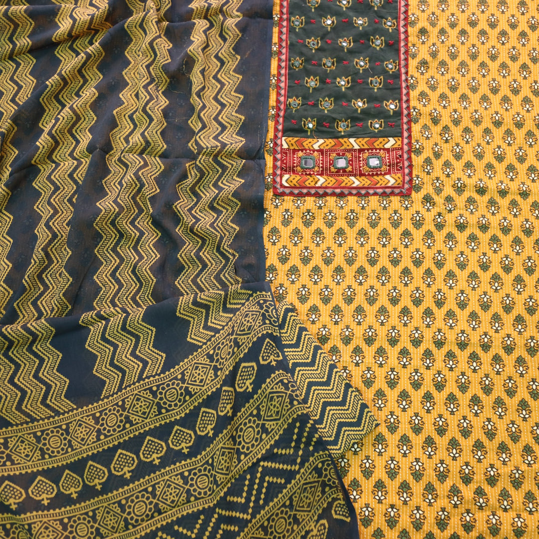 Sukhmani Yellow French Work with Ajrak Printed Cotton Suit Set