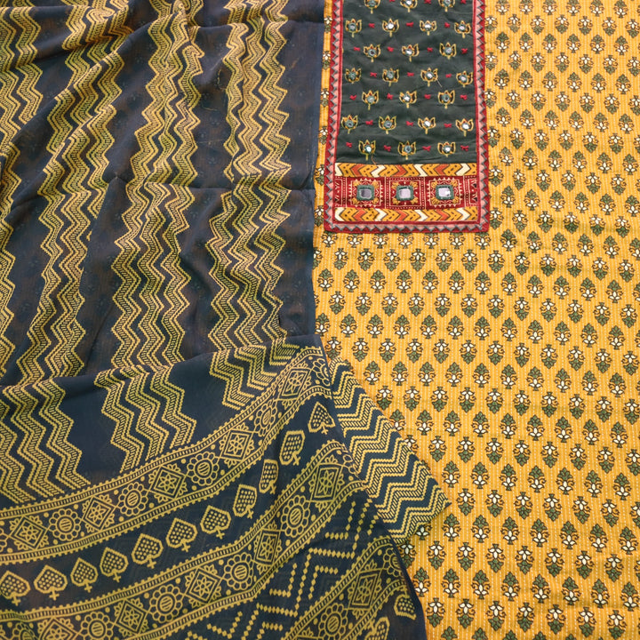 Sukhmani Yellow French Work with Ajrak Printed Cotton Suit Set