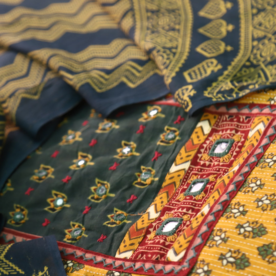Sukhmani Yellow French Work with Ajrak Printed Cotton Suit Set