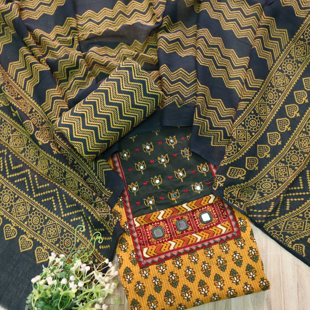 Sukhmani Yellow French Work with Ajrak Printed Cotton Suit Set