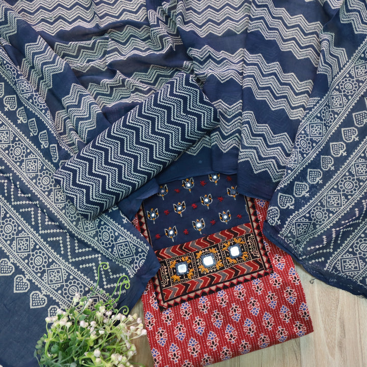 Sukhmani Red Mirror Work with Ajrak Printed Cotton Suit Set