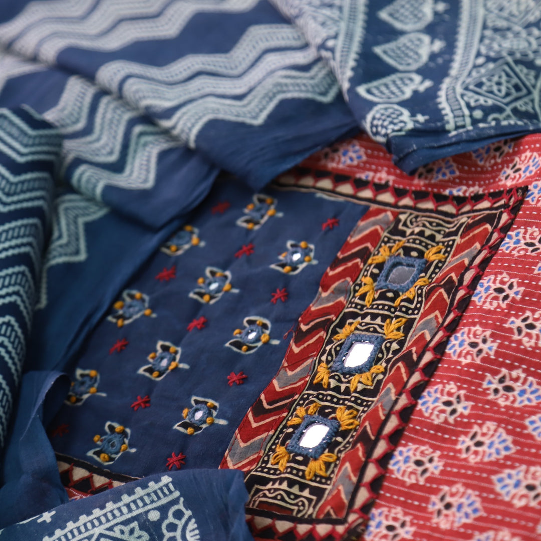 Sukhmani Red Mirror Work with Ajrak Printed Cotton Suit Set